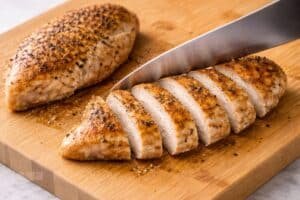 Cooked chicken breasts being sliced into even strips on a cutting board, showing golden exterior and juicy white interior with a sharp knife