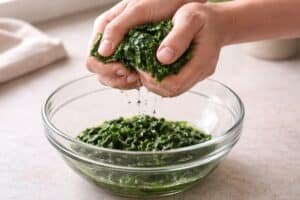 squeezing cooked spinach to remove excess water over bowl with visible droplets