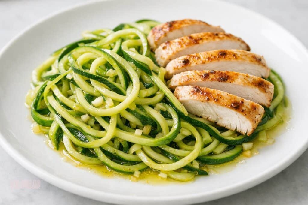 zucchini noodles with olive oil and sliced chicken on a white plate with garlic pieces visible