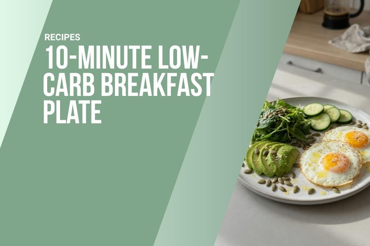 Graphic for 10-minute low-carb breakfast plate recipe with eggs avocado and fresh vegetables