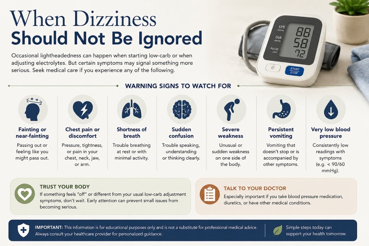 Warning signs dizziness low-carb blood pressure infographic with symptoms that may require medical attention