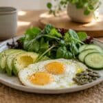 Low-carb breakfast plate with fried eggs, avocado, leafy greens, cucumber slices, and pumpkin seeds on a modern kitchen table in natural morning light