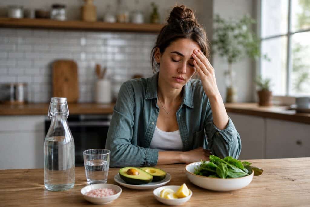 woman experiencing electrolyte imbalance symptoms with avocado, leafy greens, water, and mineral-rich foods on a kitchen table
