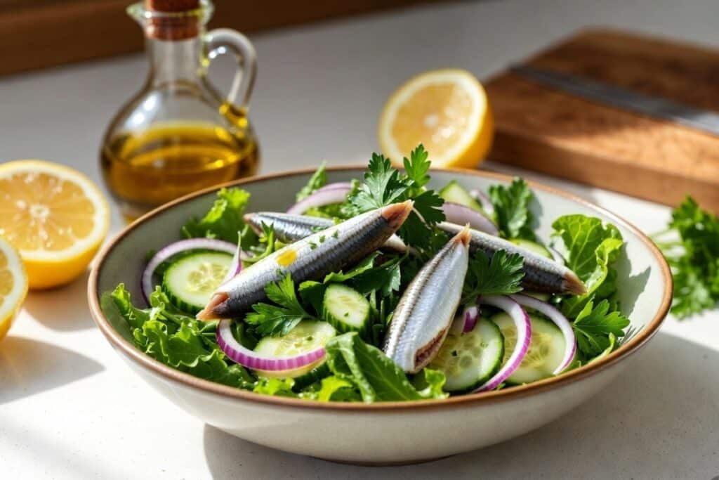 Sardine salad with olive oil and lemon served with leafy greens, cucumber, parsley, and red onion in a ceramic bowl