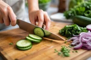 Fresh cucumber, red onion, and parsley being chopped on a wooden cutting board in a bright home kitchen