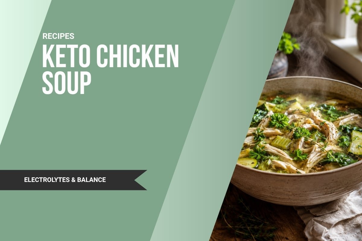 Featured image for keto chicken soup recipe showing steaming electrolyte-rich chicken soup with shredded chicken, spinach, zucchini, and celery in a rustic bowl with recipe title overlay design.
