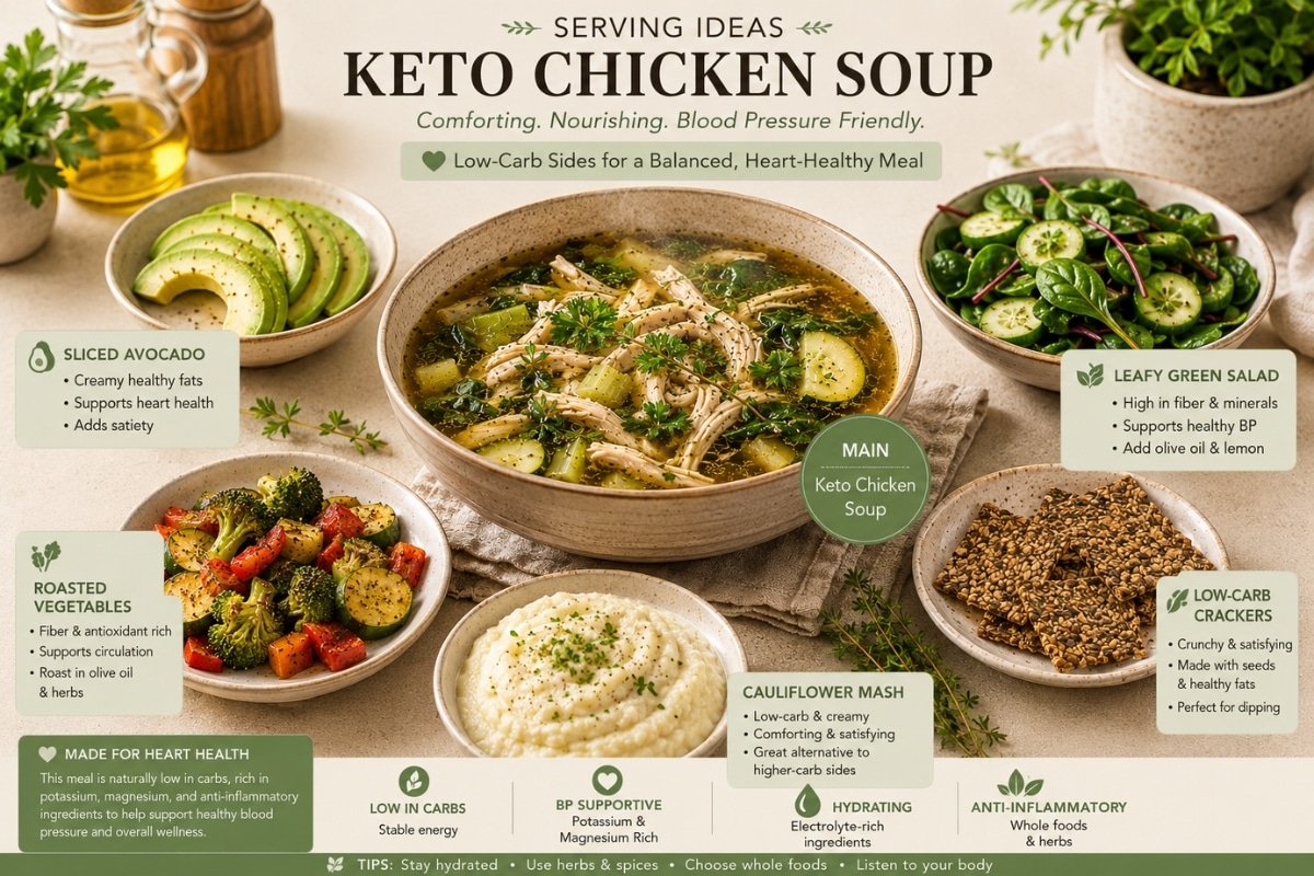 Keto chicken soup serving ideas infographic with avocado, leafy salad, roasted vegetables, cauliflower mash, and low-carb crackers for blood pressure-friendly low-carb meals